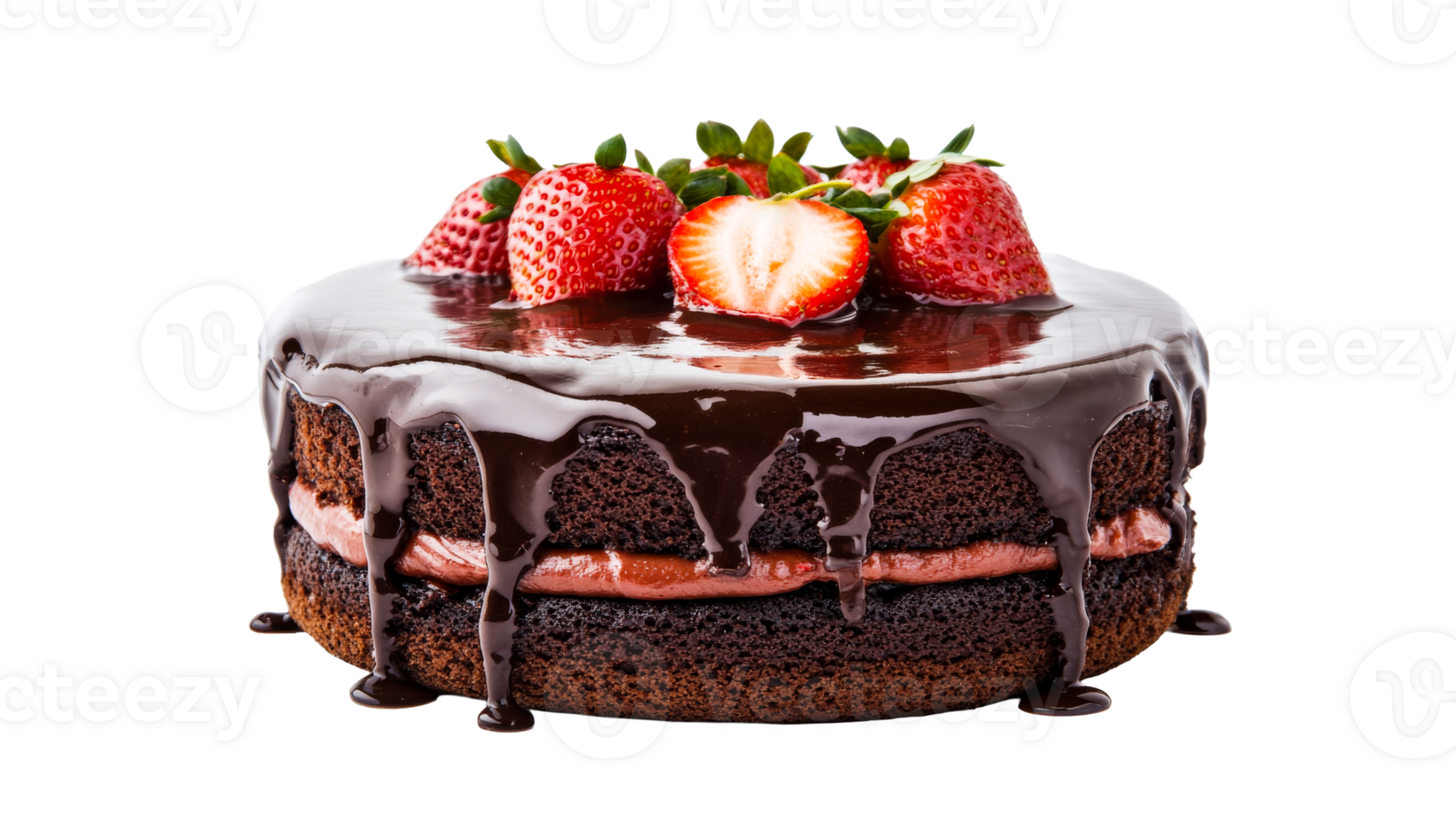 Chocolate cake with strawberries and chocolate glaze, cut out transparent png