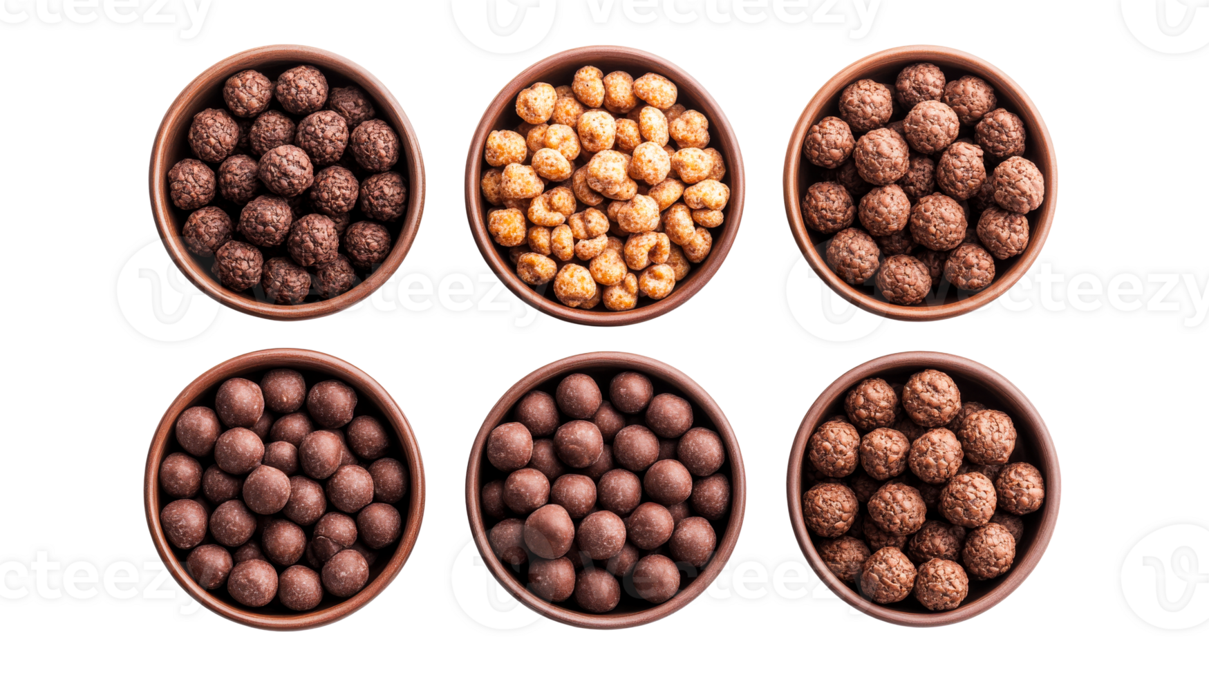 Bowls of different cereals, top view, food, breakfast, cut out transparent png