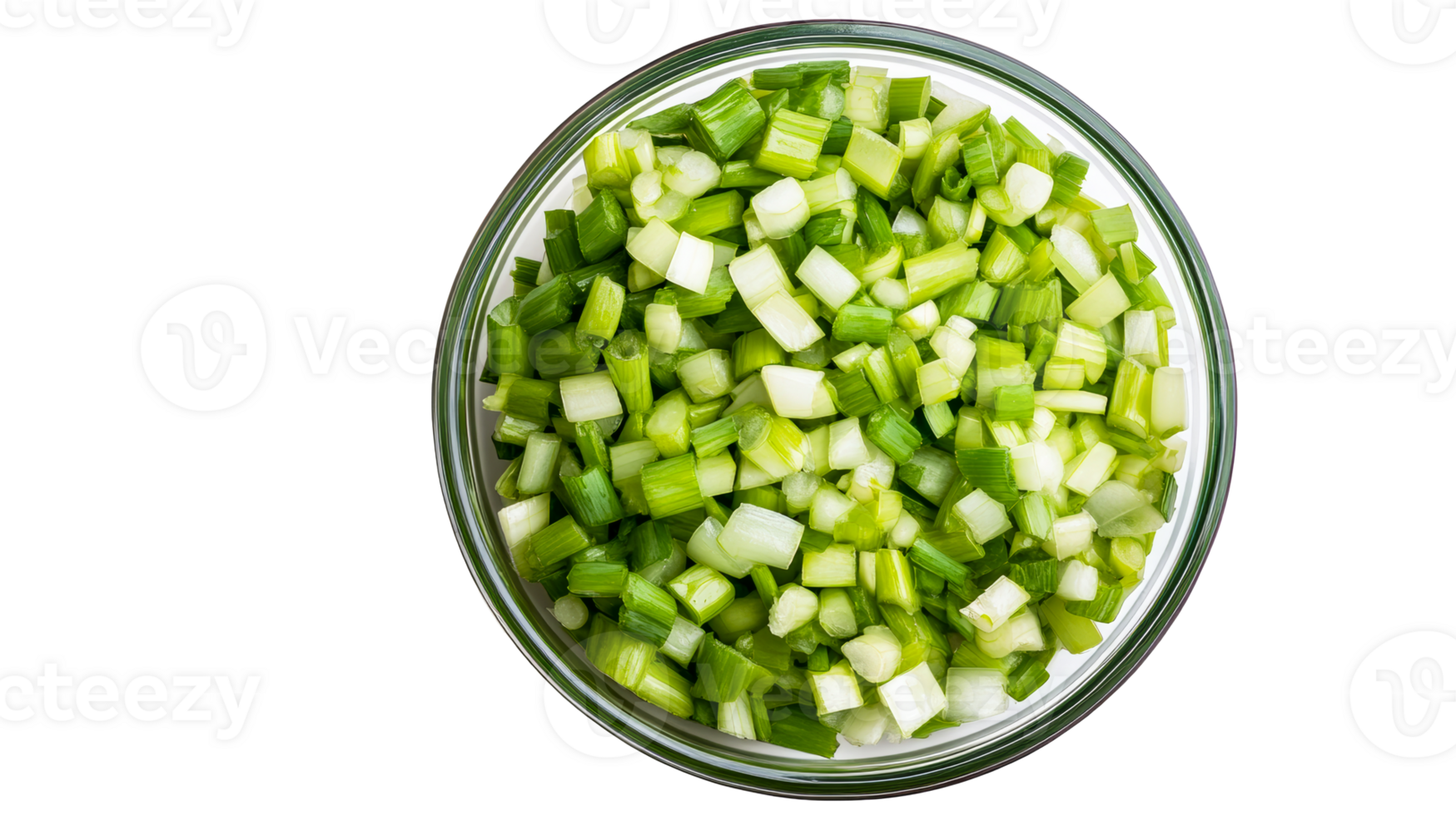 Chopped green onions in glass bowl, cooking ingredient, cut out transparent png