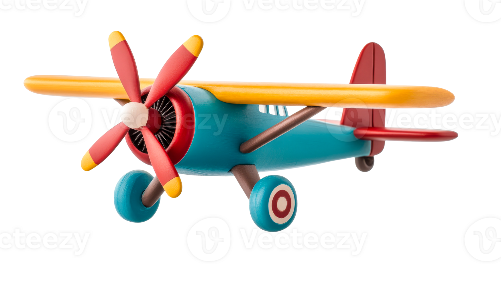 Wooden airplane model with propeller, wings, tail in vibrant colors, cut out transparent png