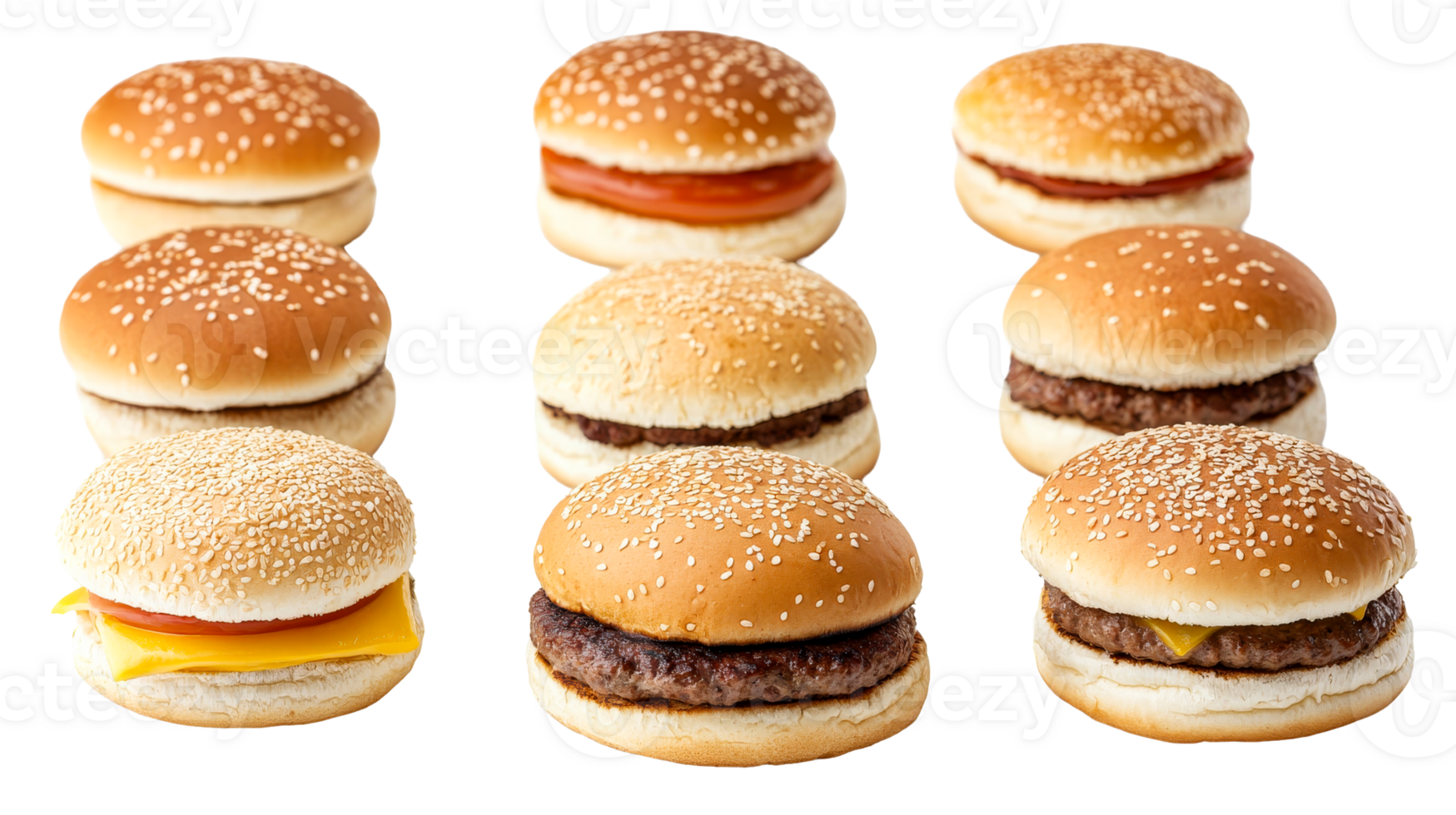 Assortment of burgers on black background, cut out transparent png