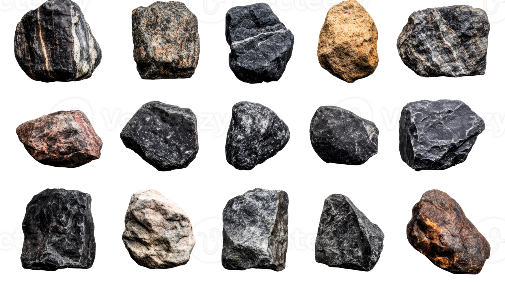 Collection of diverse natural rock specimens on black, cut out transparent png