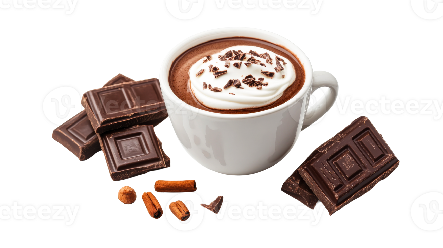 Hot chocolate with cream and chocolate pieces, cut out transparent png