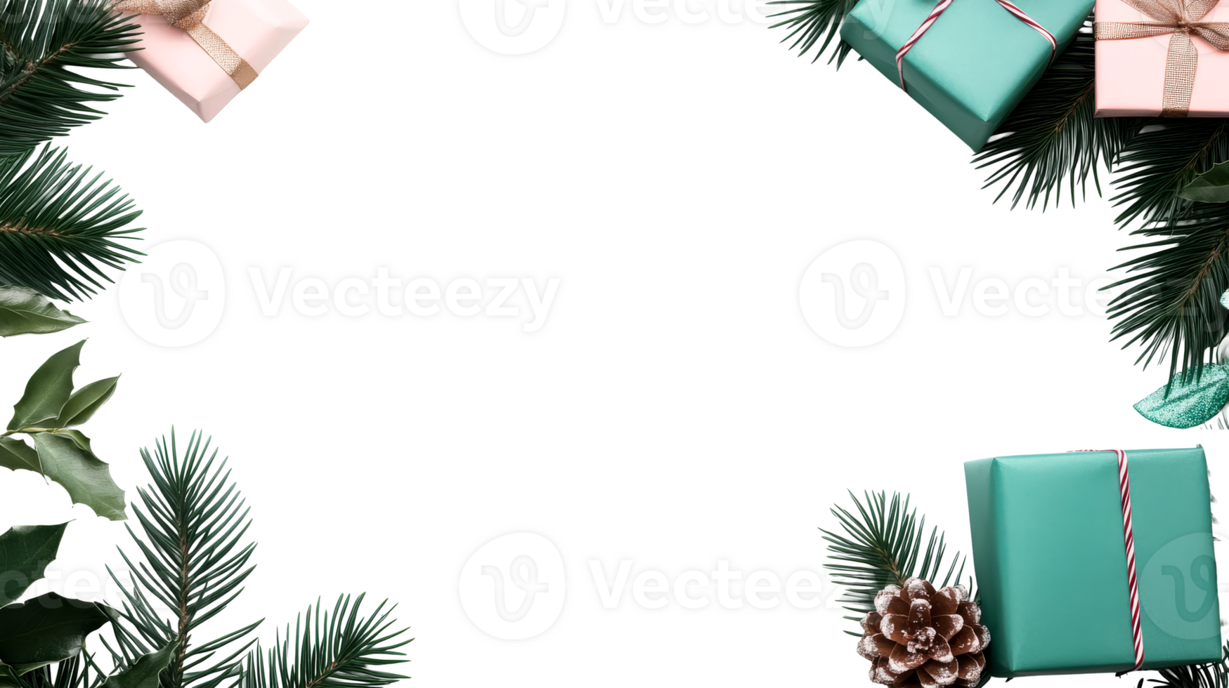 Christmas presents frame with pine branches, cones, gifts, cut out transparent png