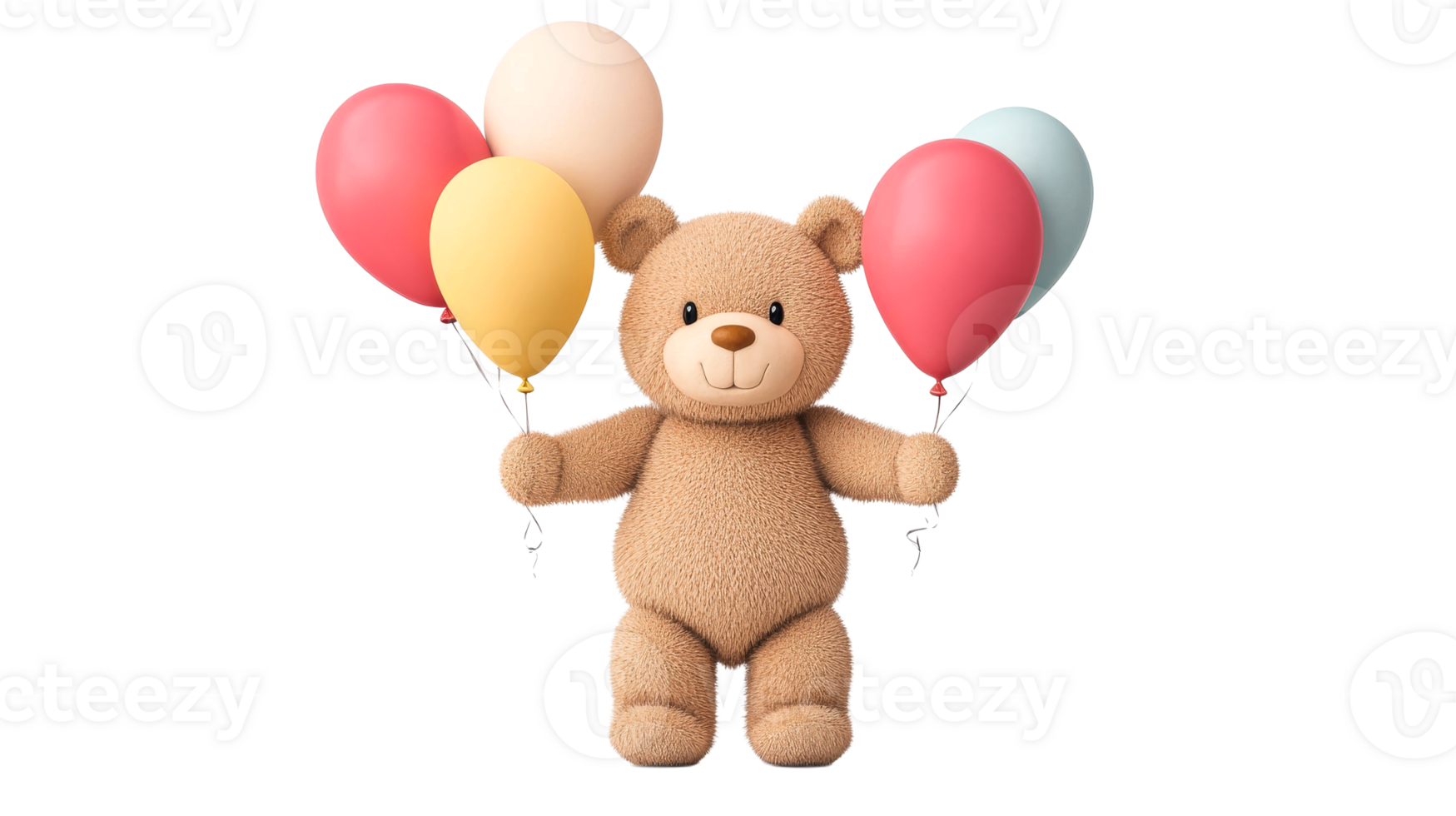 Teddy bear holding colorful balloons, cheerful celebration, cut out transparent png