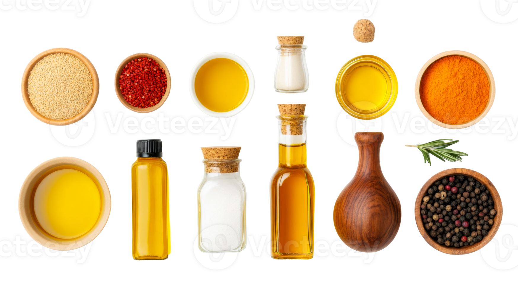Spices and Oils Assortment on Black Background, cut out transparent png