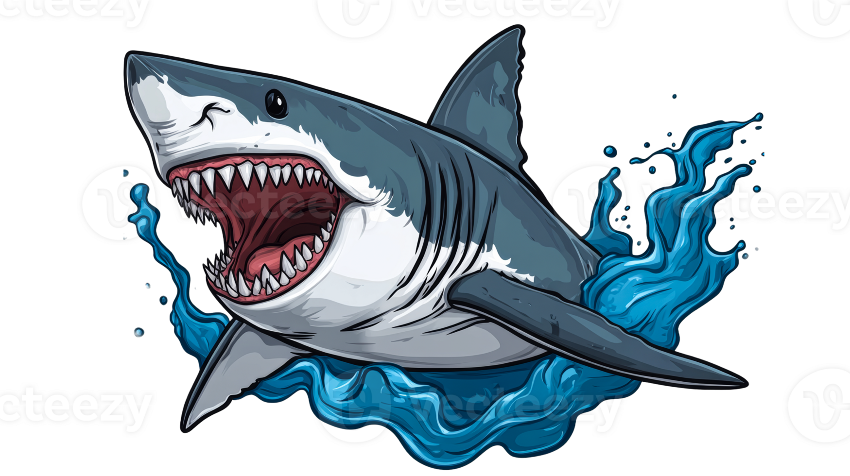 Shark with open mouth in blue water, fierce predator, cut out transparent png