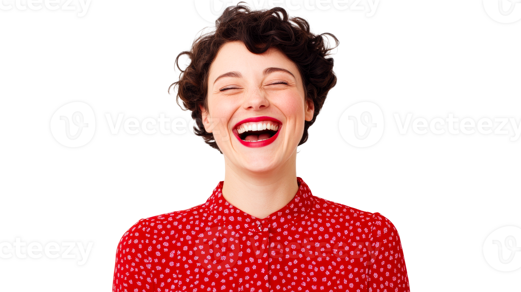 Woman in red laughs, expressing joy and happiness, cut out transparent png