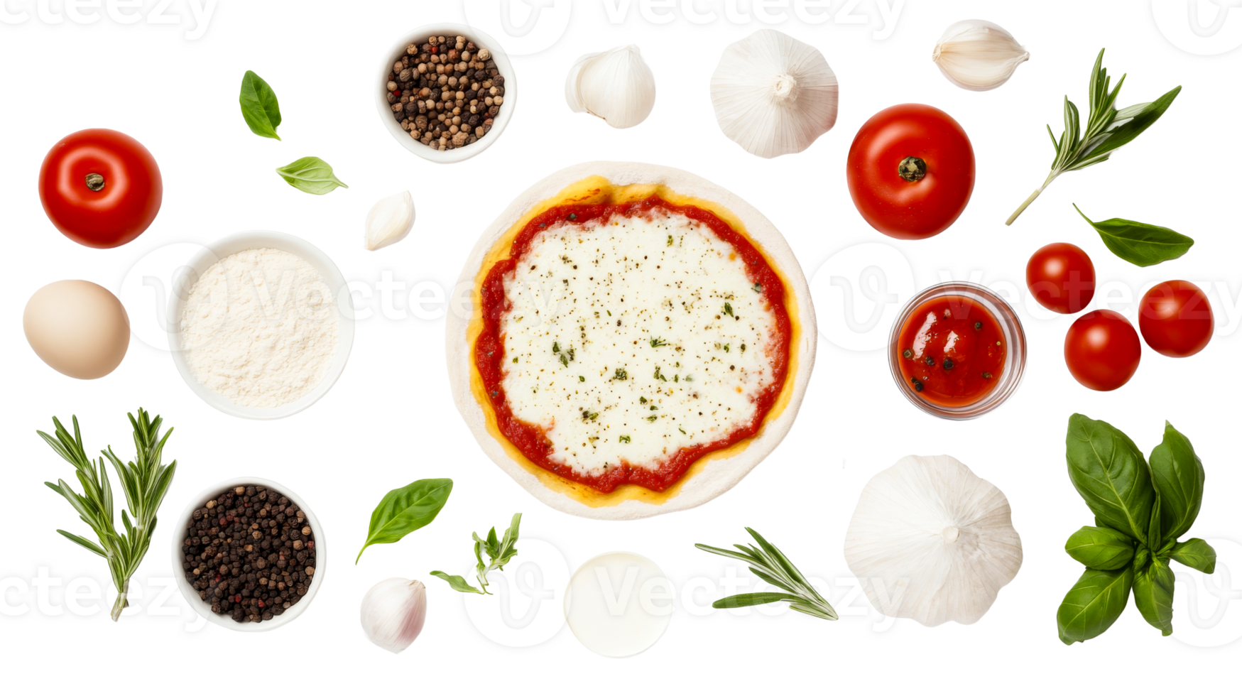 Pizza Margherita Ingredients Arrangement on a Black Background, cut out transparent png