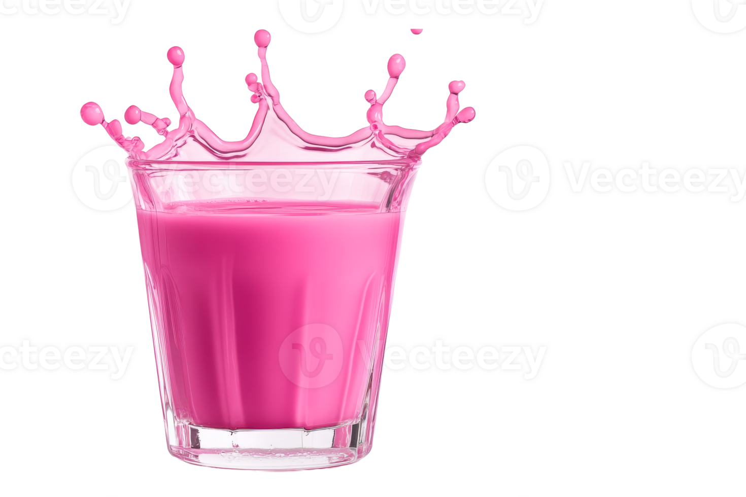 Glass of strawberry milkshake and splashing, cut out transparent png
