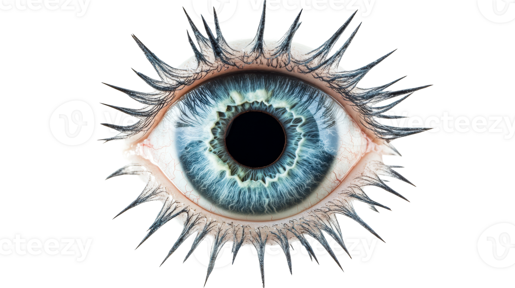 Surreal eye with spiky lashes, anatomical details, abstract look, cut out transparent png