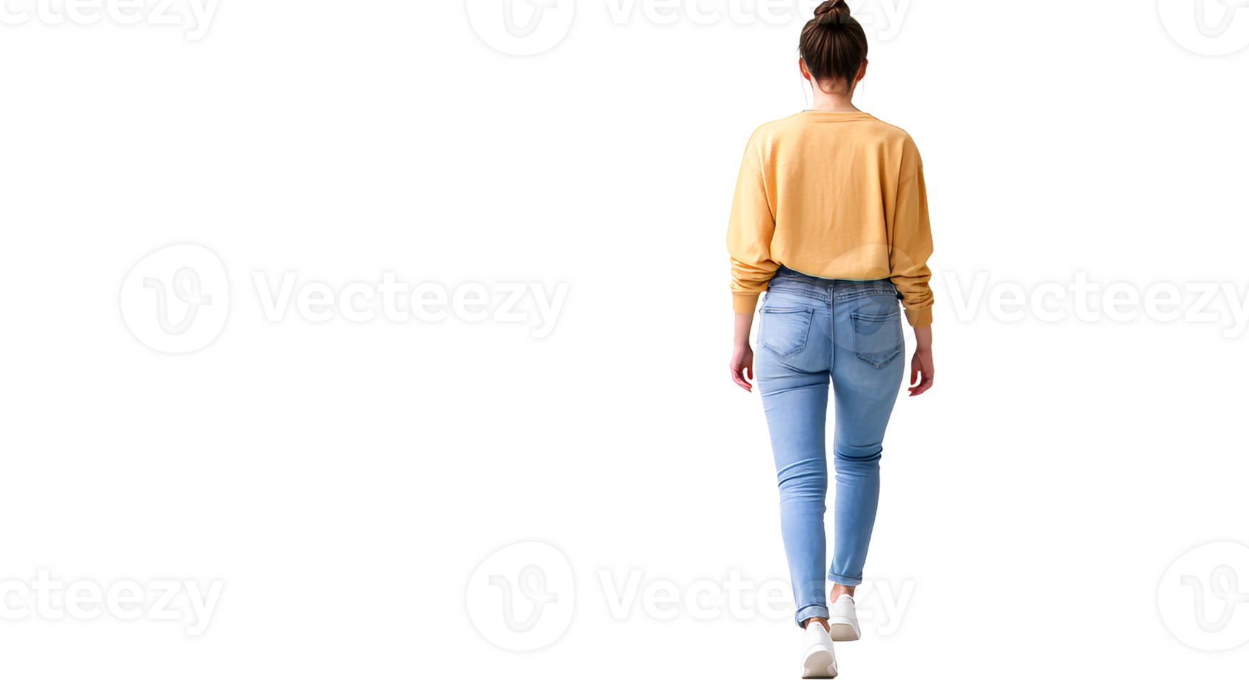 Back view woman walking in jeans and sweater, cut out transparent png