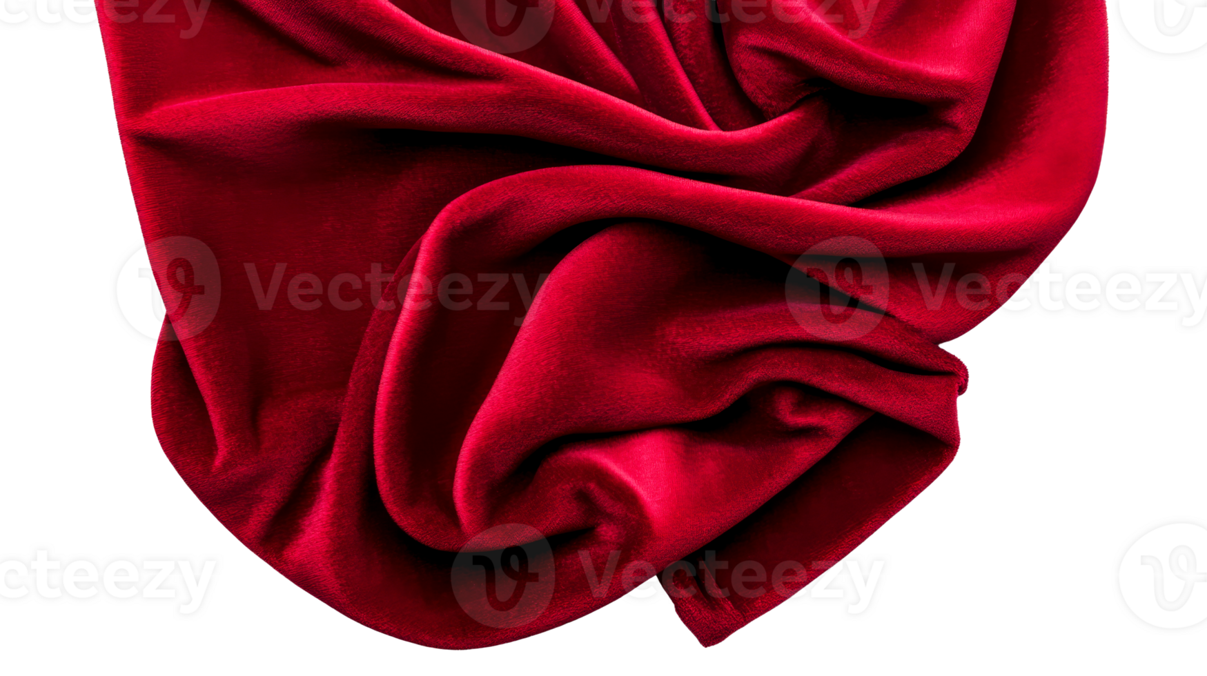 Red velvet fabric with soft folds on black background, cut out transparent png
