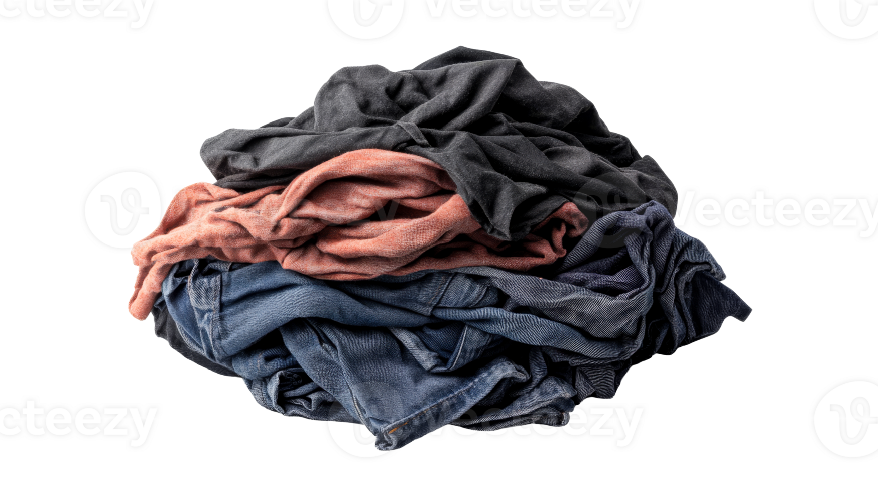 Pile of assorted clothes, denim, cotton, laundry isolated, cut out transparent png
