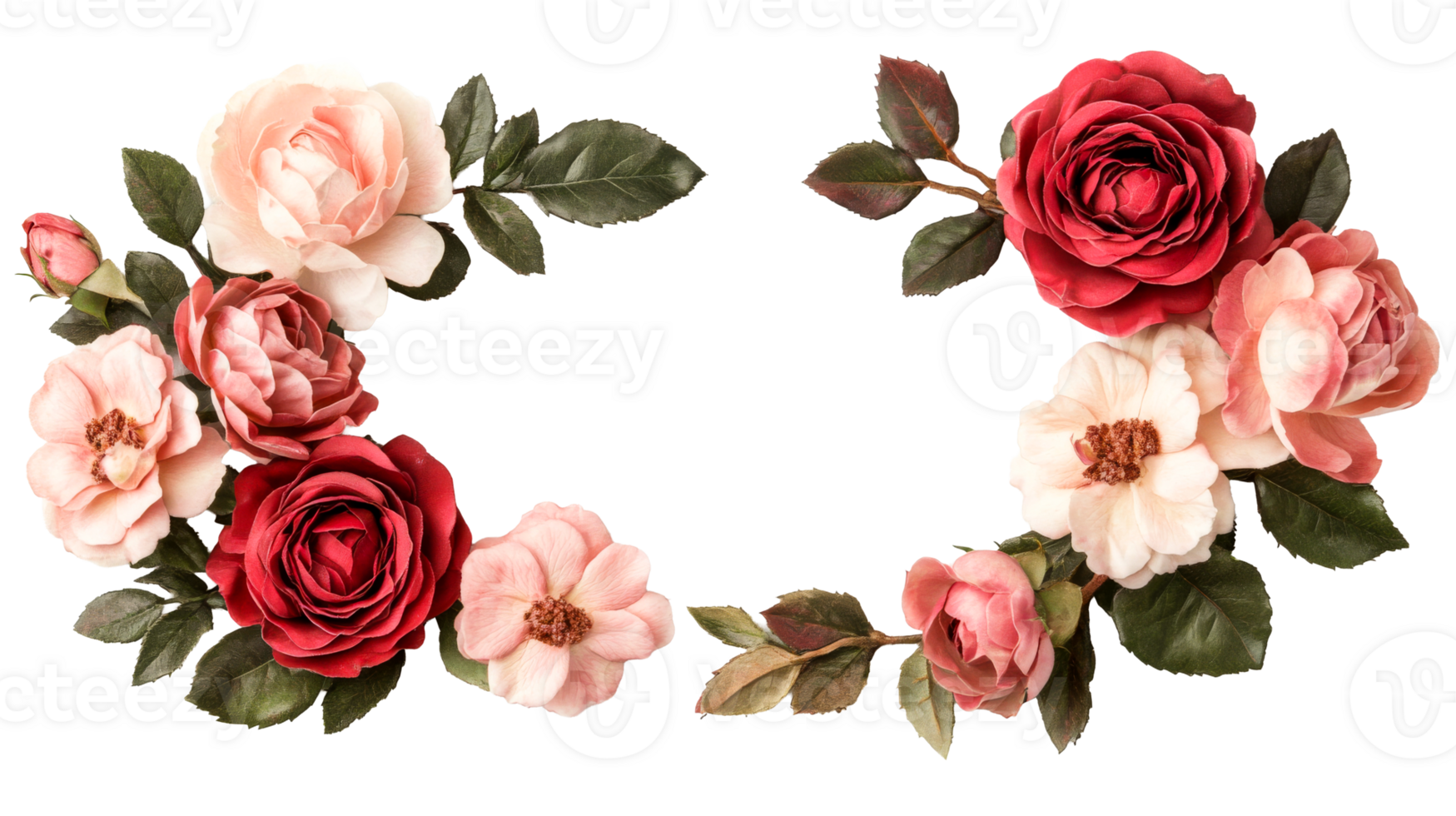 Floral wreath of roses, elegant card design, botanical frame, cut out transparent png