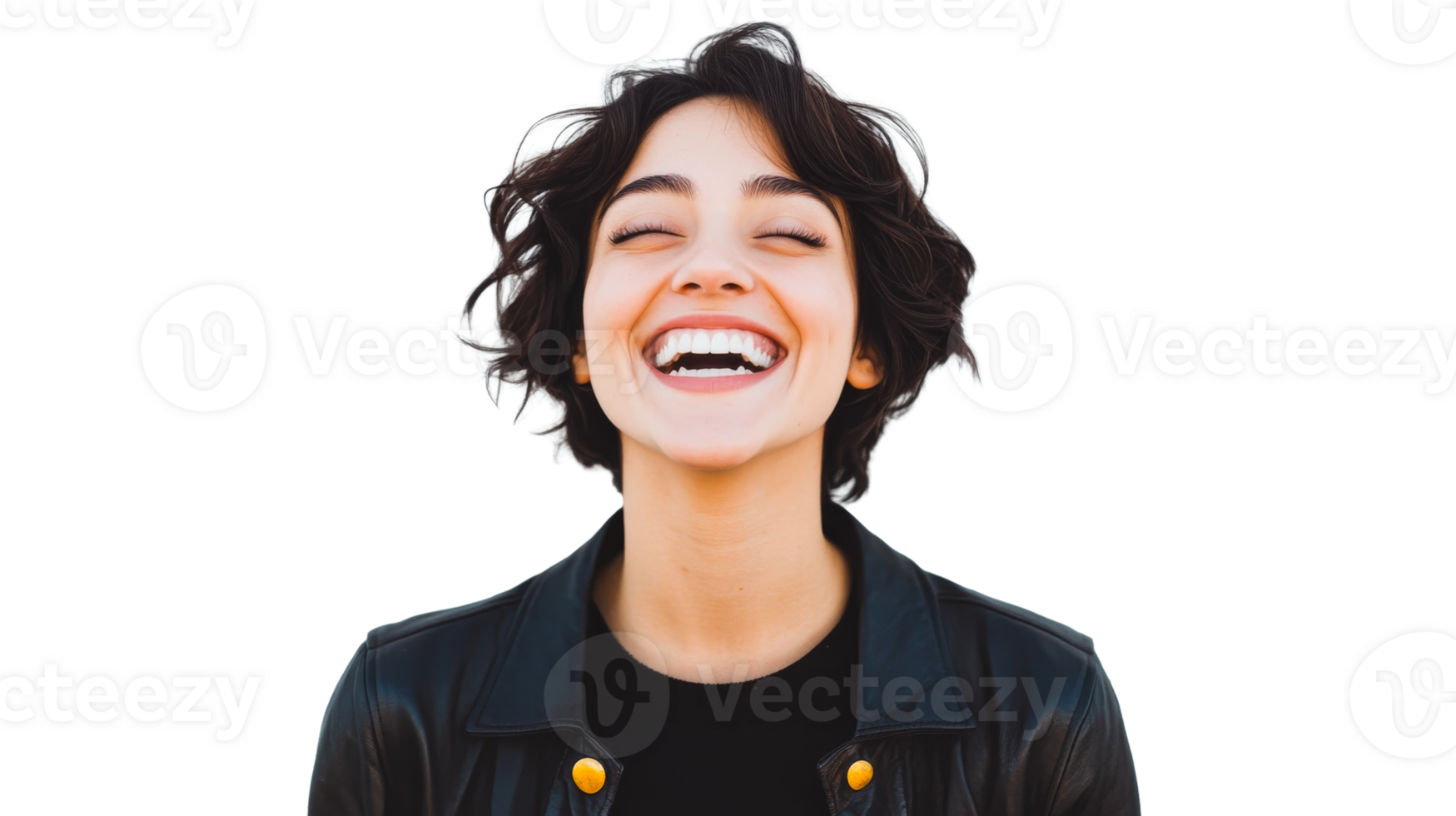 Young woman joyfully laughing with closed eyes, black jacket, cut out transparent png