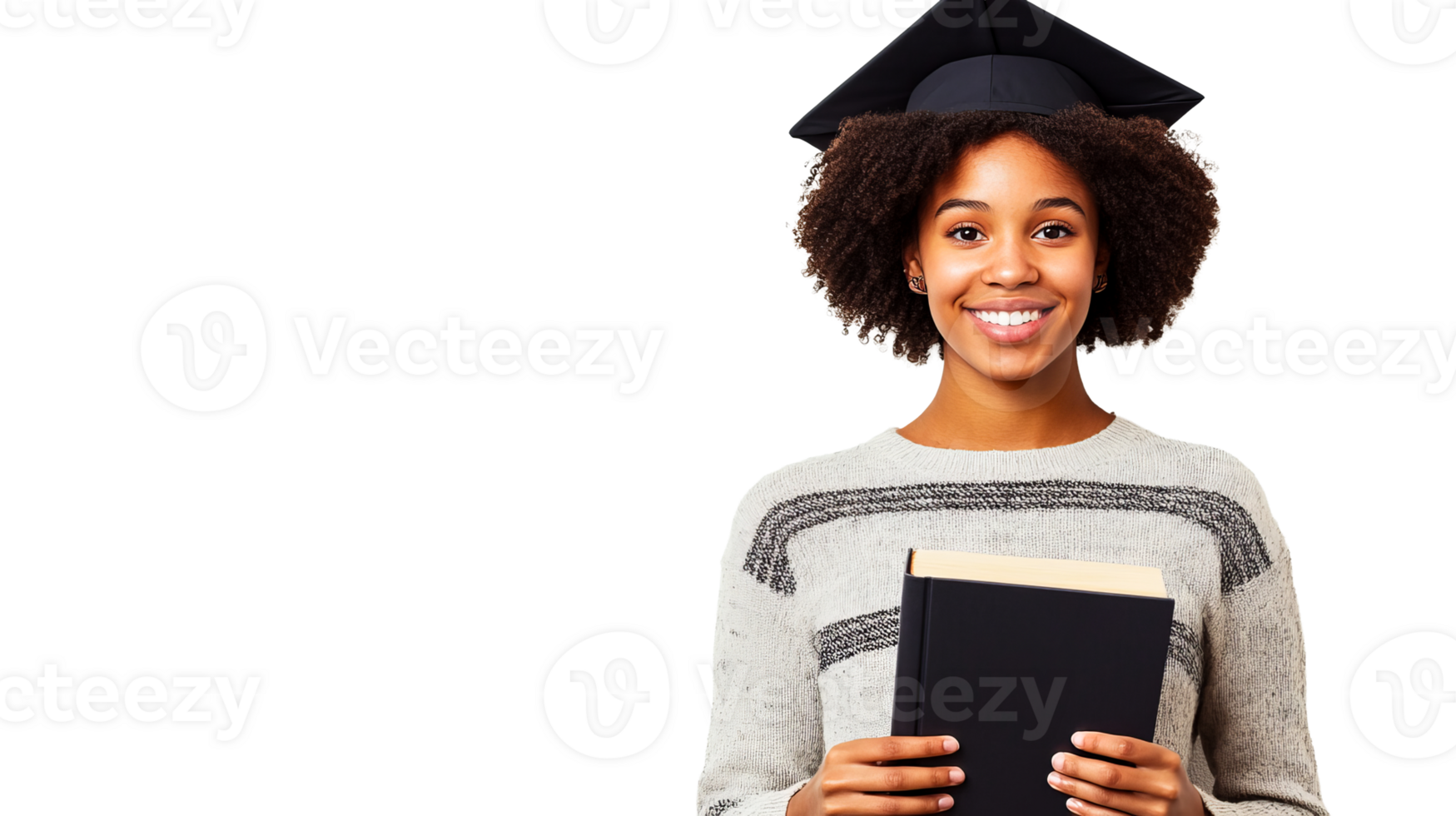 Graduate girl with book looking at camera and smiling, cut out transparent png