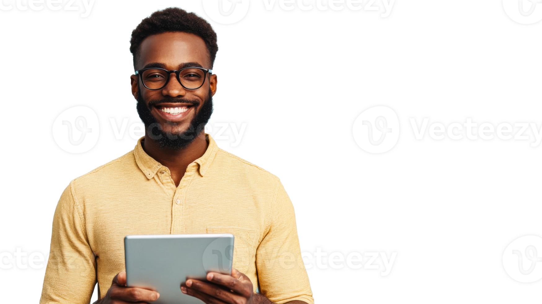 Smiling man using tablet wearing glasses, cut out transparent png