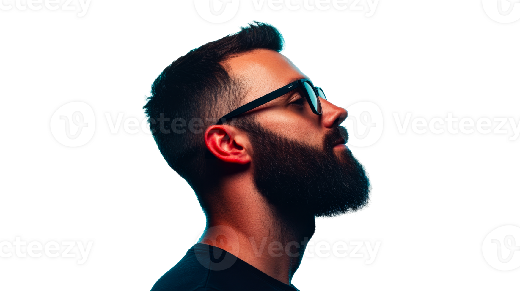 Bearded man in glasses looking up, studio portrait, cut out transparent png