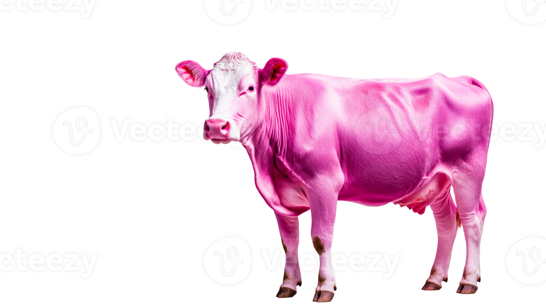 Pink cow with white markings, farm animal on black background, cut out transparent png