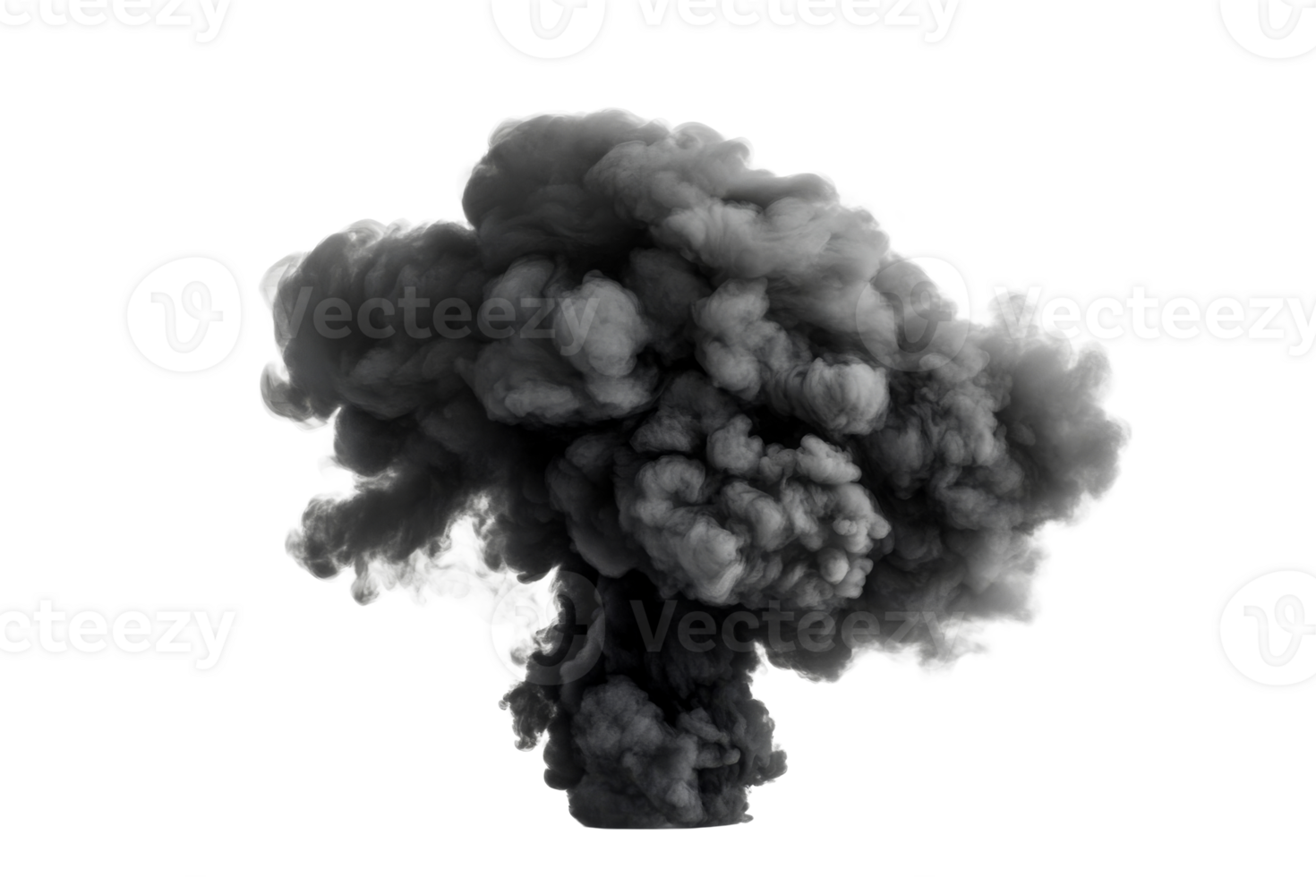Billowing dark smoke cloud rising upwards on black background, cut out transparent png