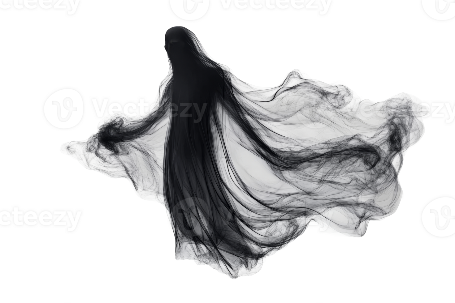 Dark ghost illustration, fantasy figure with veil, flow, spooky background, cut out transparent png