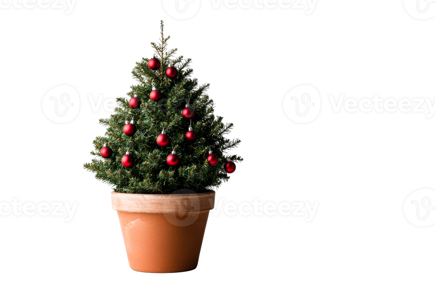 Potted Christmas tree with ornaments, against black background, cut out transparent png