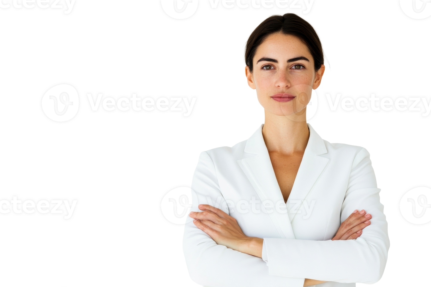 Serious businesswoman in white suit with arms crossed, cut out transparent png