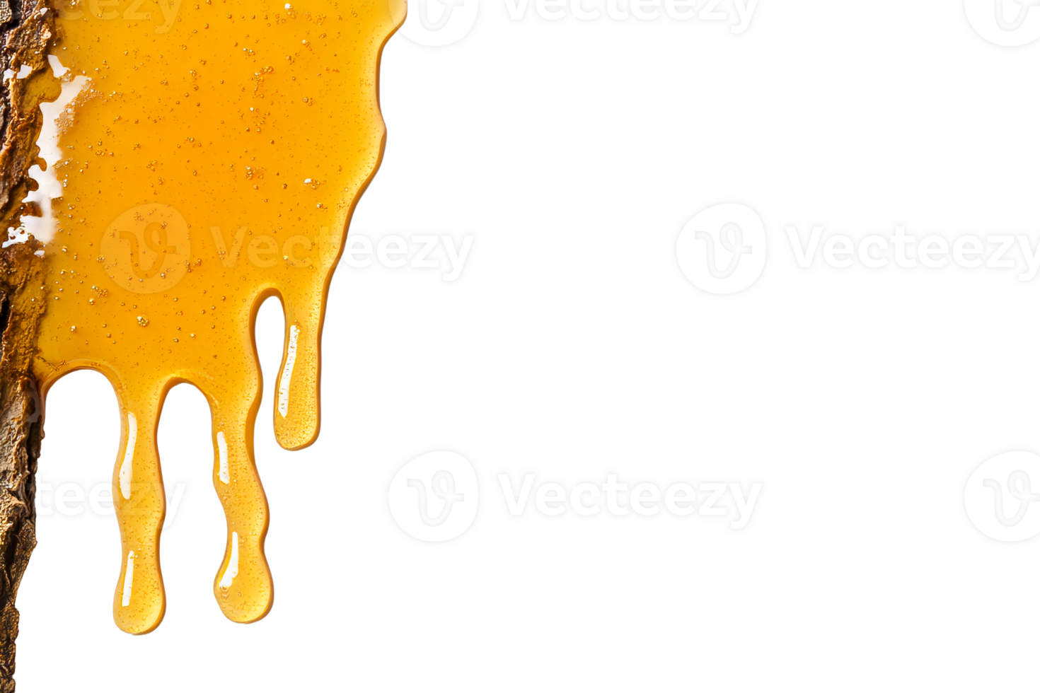 Dripping golden honey from wood, closeup texture, cut out transparent png