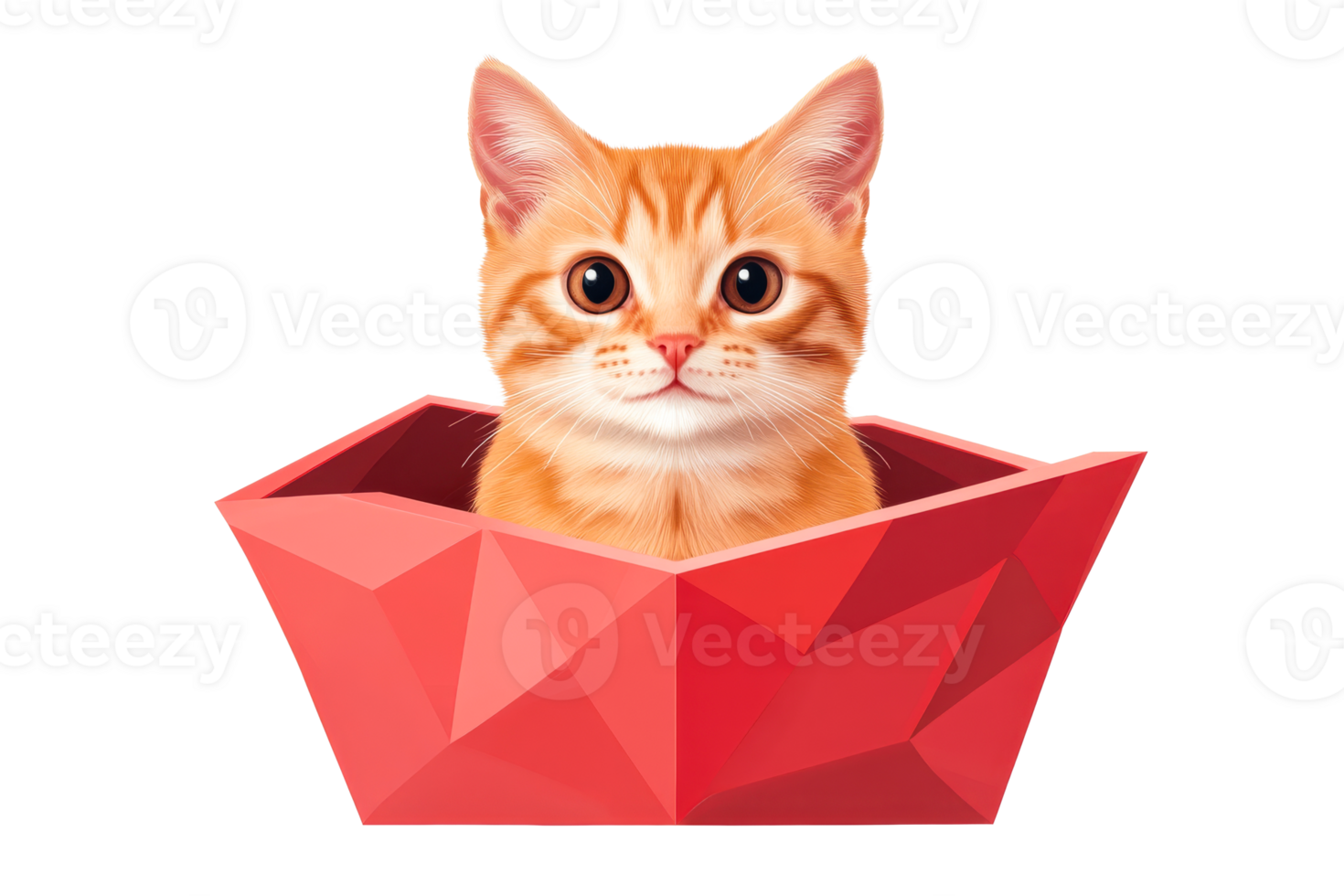 Orange tabby cat in geometric red box with background, cut out transparent png