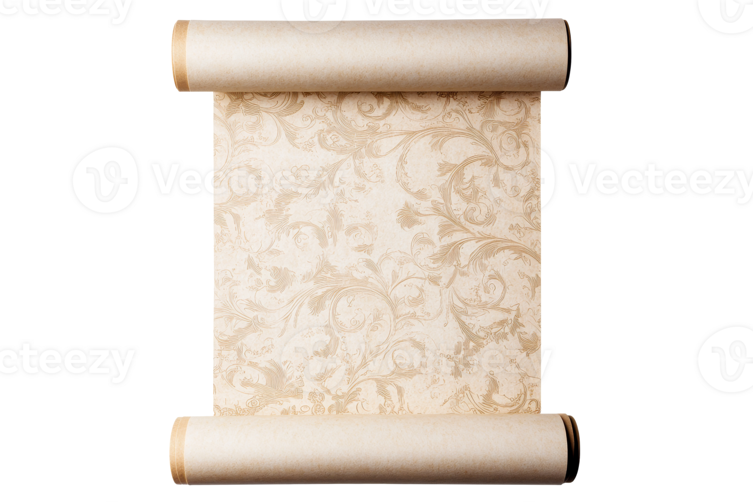 Ancient parchment scroll with ornamental pattern, cut out transparent png