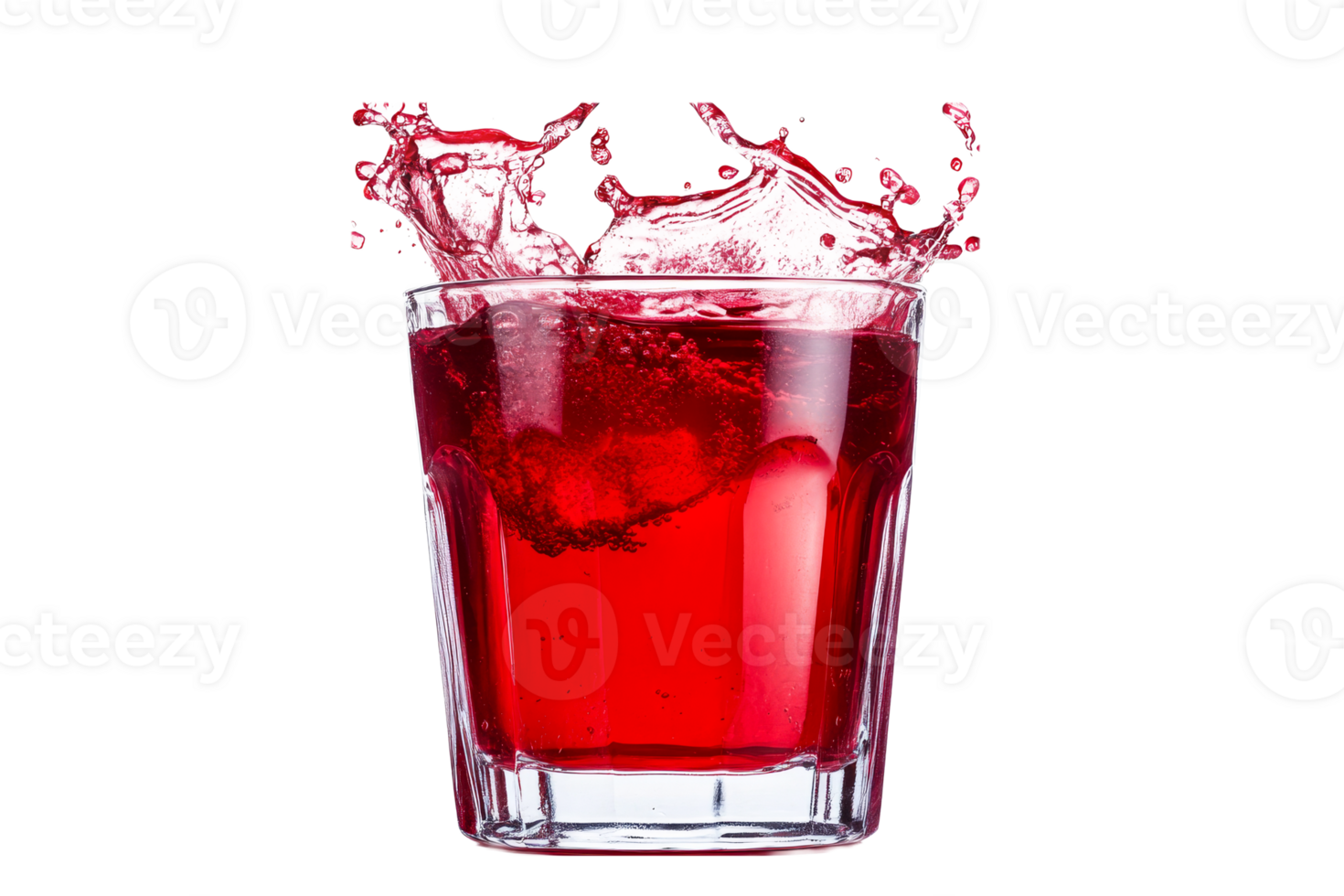Red beverage bursts from a short clear glass on black, cut out transparent png