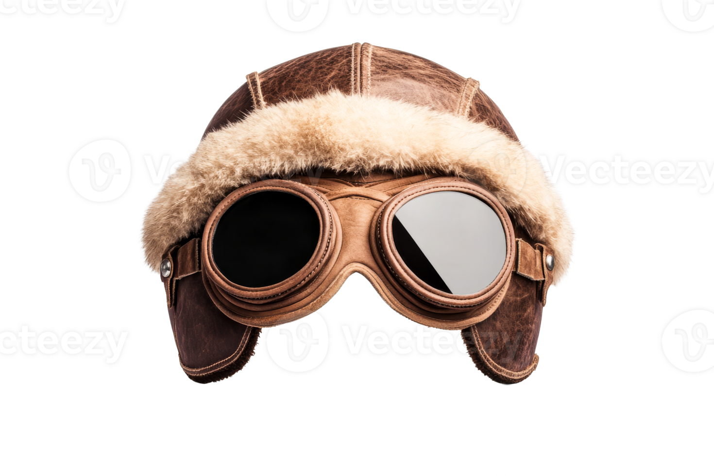 Vintage aviator helmet with goggles on black background, cut out transparent png