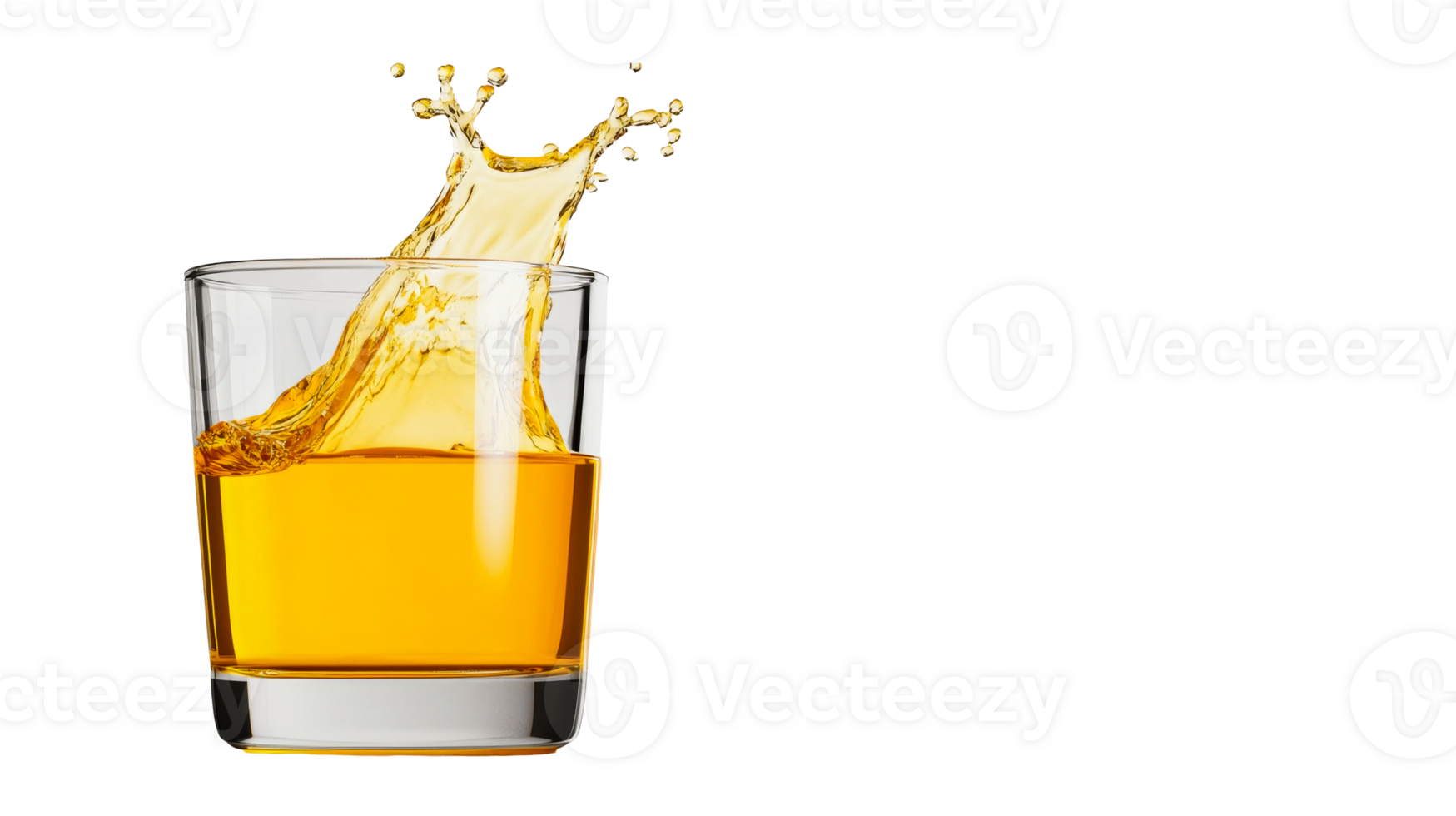 Whiskey in a glass with splashes, amber liquid, cut out transparent png