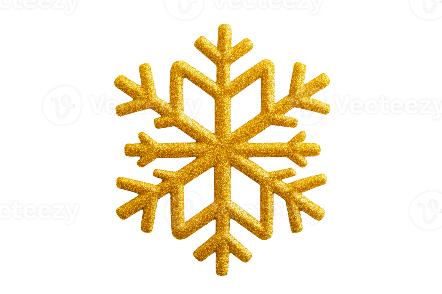 Golden glittering snowflake on a black background, cut out transparent png