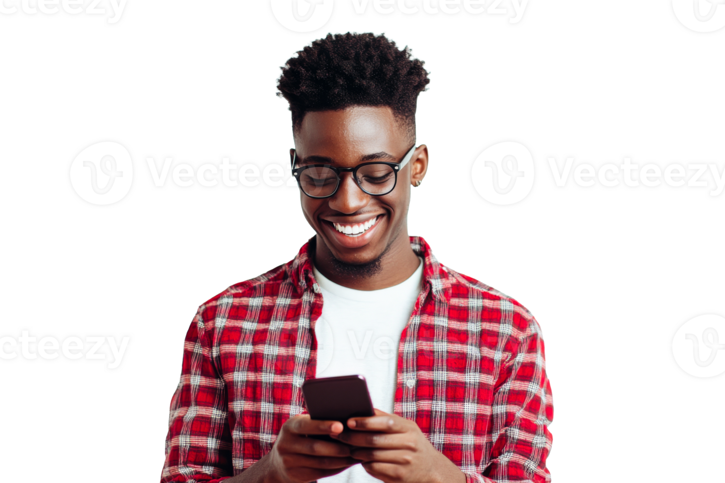 Handsome man using cellphone, smiling, in checkered shirt, cut out transparent png