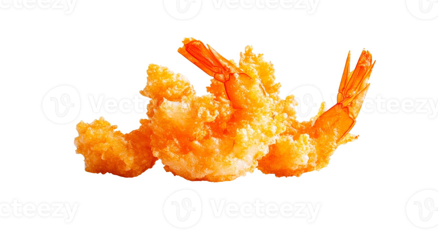 Golden battered shrimp tempura with tail, crispy fried food, cut out transparent png