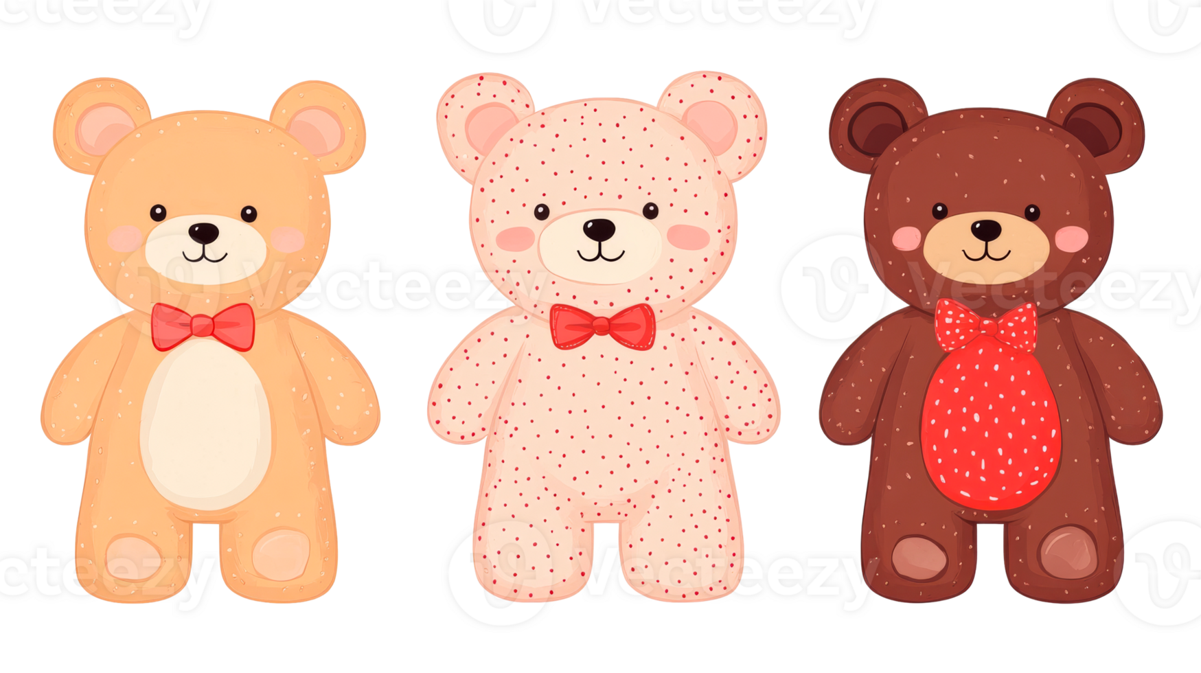 Teddy bear trio with bow ties, stuffed animal toys, cute characters, cut out transparent png