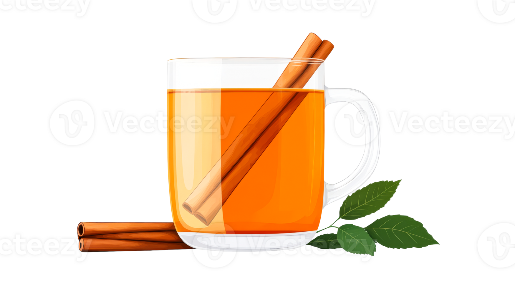 Hot drink with cinnamon sticks in a glass mug, cut out transparent png