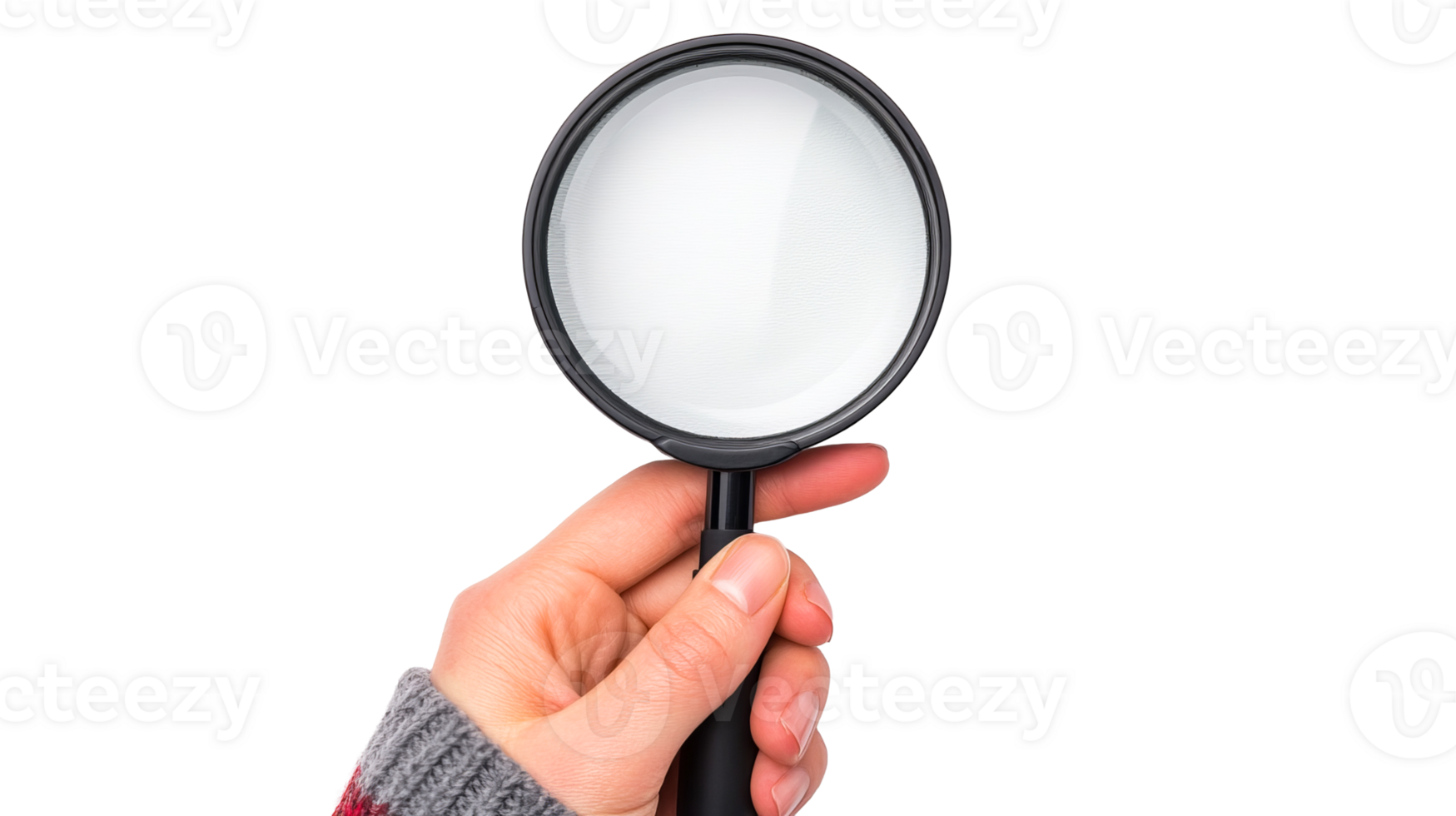 Magnifying glass in hand for inspection and examination, cut out transparent png