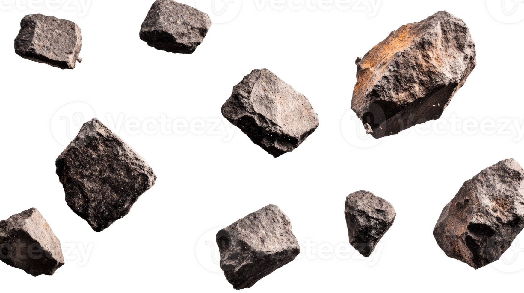 Dark rough stones on black background, in studio shot, cut out transparent png