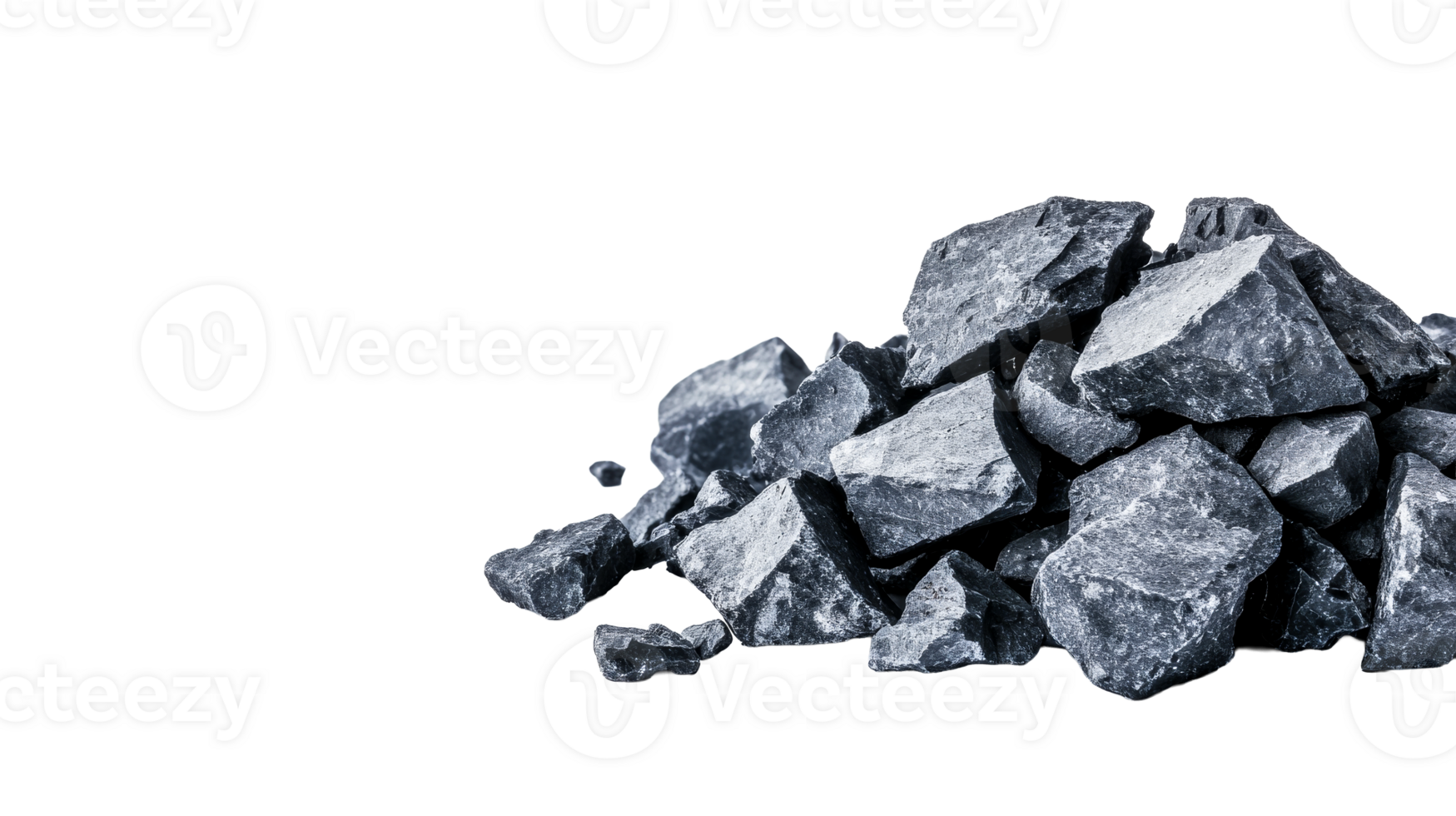 Heap of dark grey rubble stone, crushed rocks, coal mineral, cut out transparent png