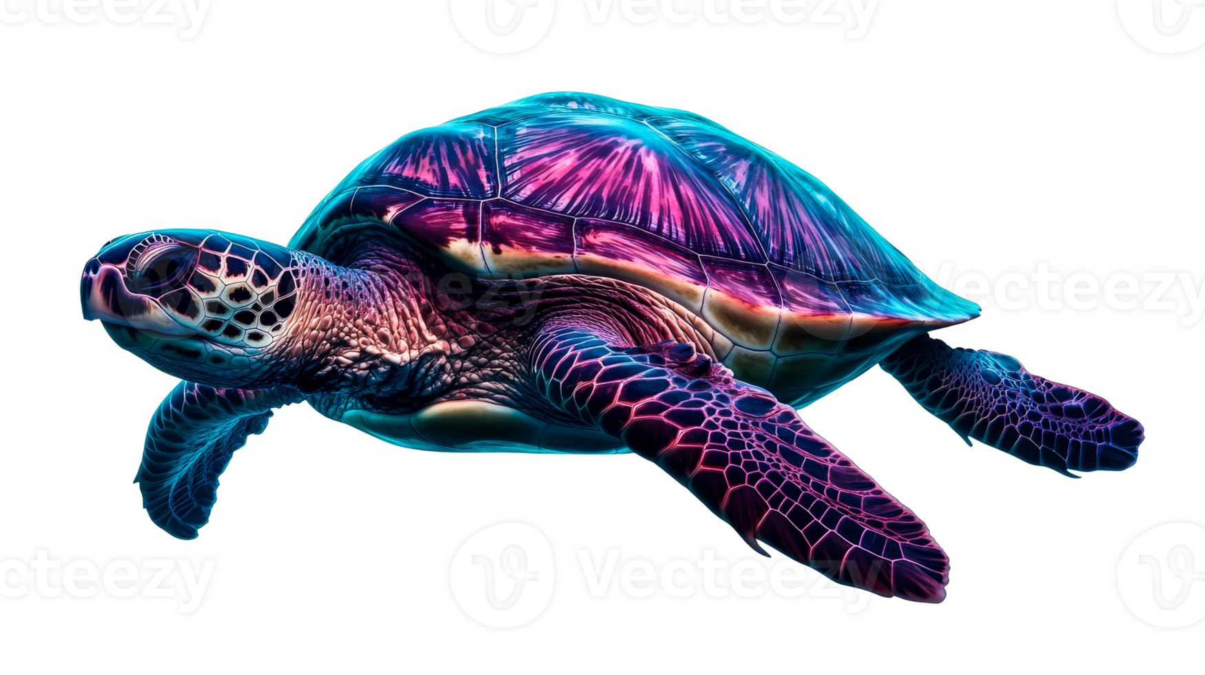 Sea turtle with colorful shell on a black background, cut out transparent png