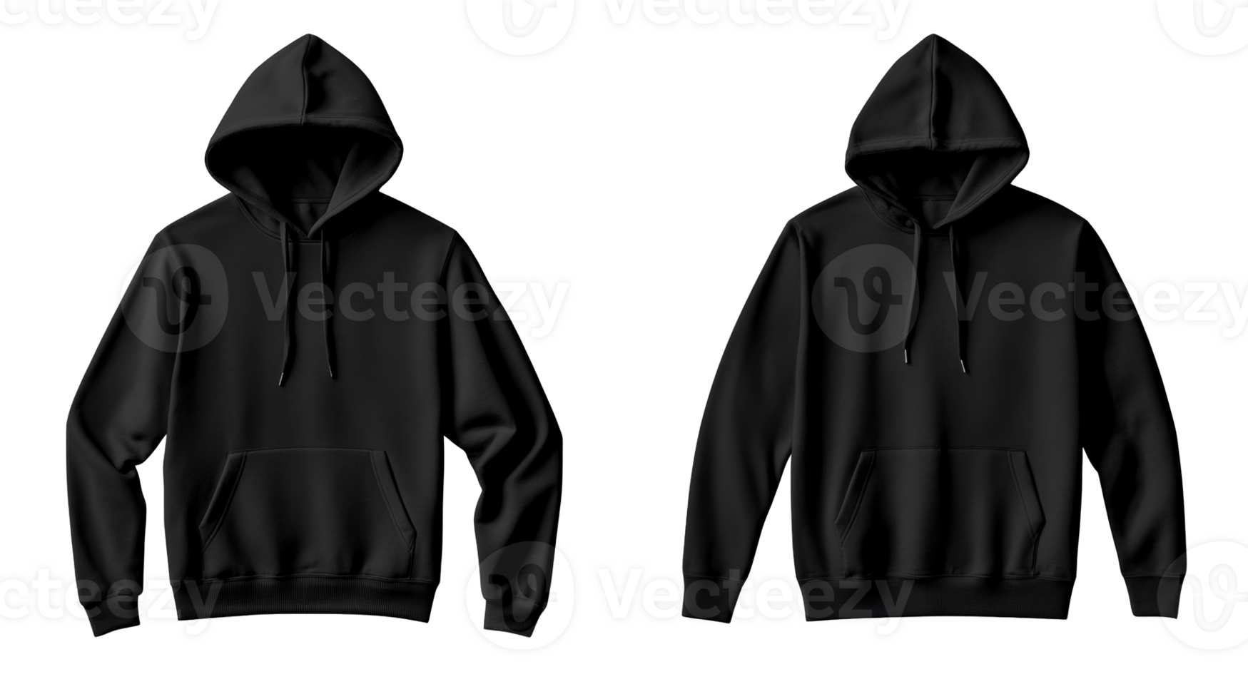 Two simple black hooded sweatshirts mockup for design, cut out transparent png