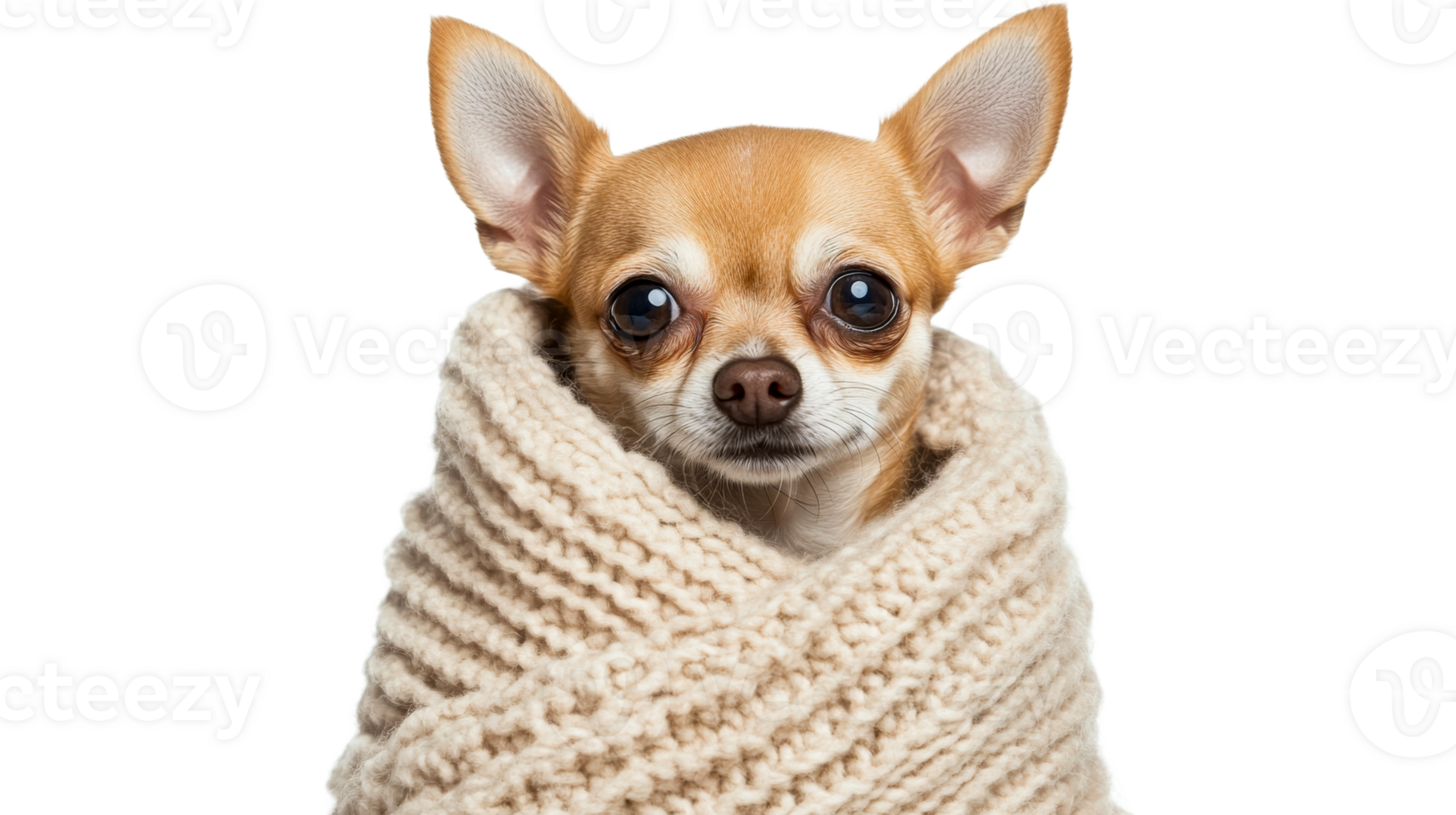 Chihuahua puppy wrapped in scarf, comfort, adorable pet, transparent png