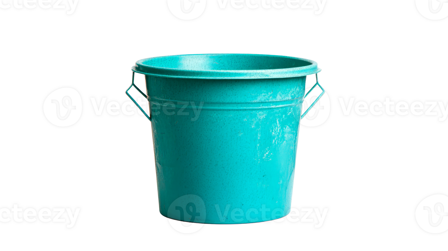 Old blue metal trash bucket with handles, cut out transparent png
