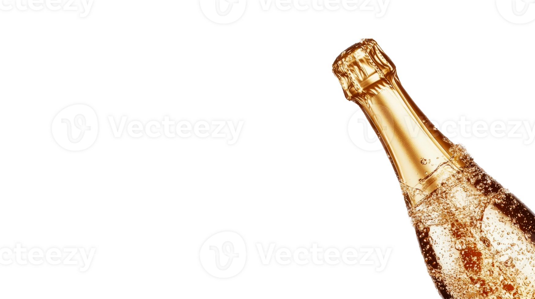 Golden Champagne Bottle with Bubbles on Black, cut out transparent png