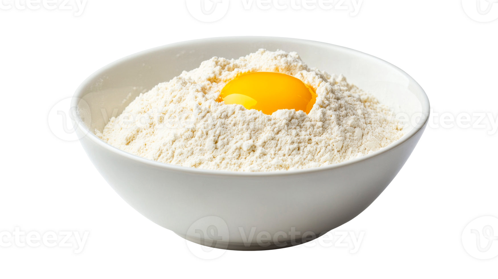 Raw egg yolk in flour in a white bowl, isolated, cut out transparent png