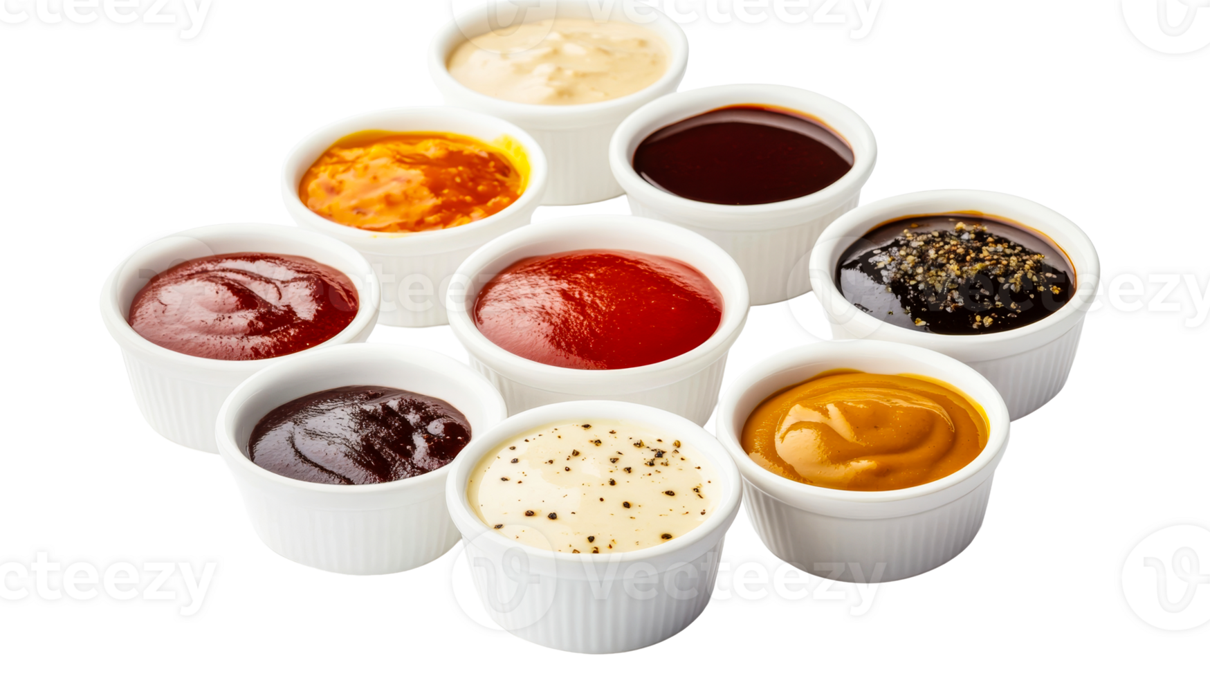 Assortment of diverse sauces in bowls, colorful dips, condiment, cut out transparent png