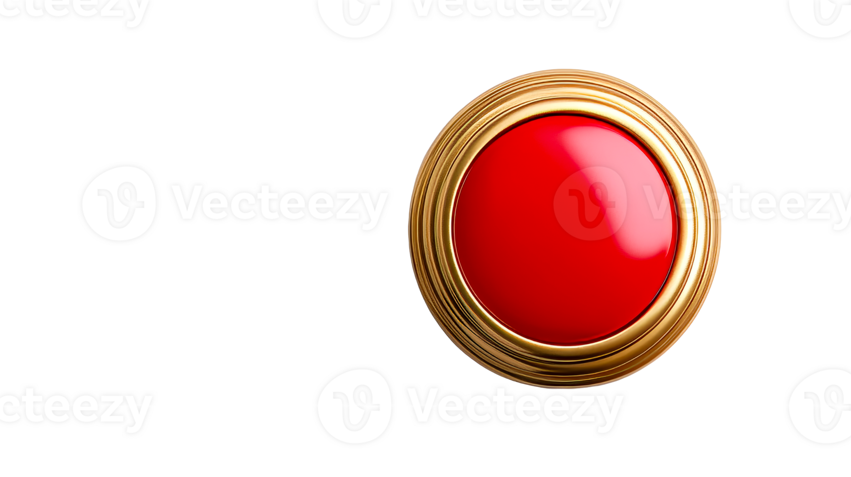 Red glossy button with golden frame, isolated background, cut out transparent png